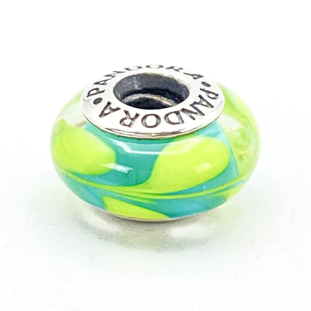Retired Pandora Aqua and Green Swirl Murano Glass Bead Charm Sterling Silver EUC